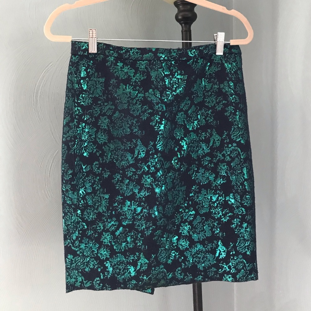 JCrew baby and green brocade pencil skirt